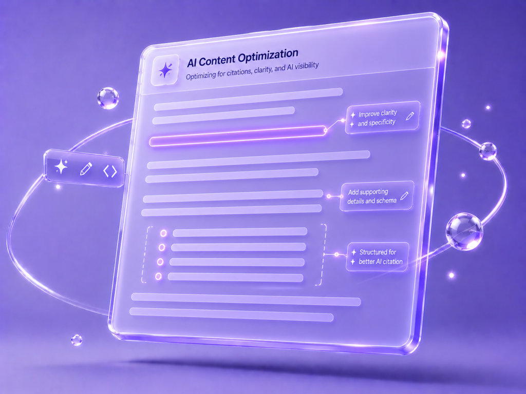AI Content Optimization by Foundier — content rewritten to be cited by AI engines, shown as a quoted citation card with "Cited by AI" attribution.