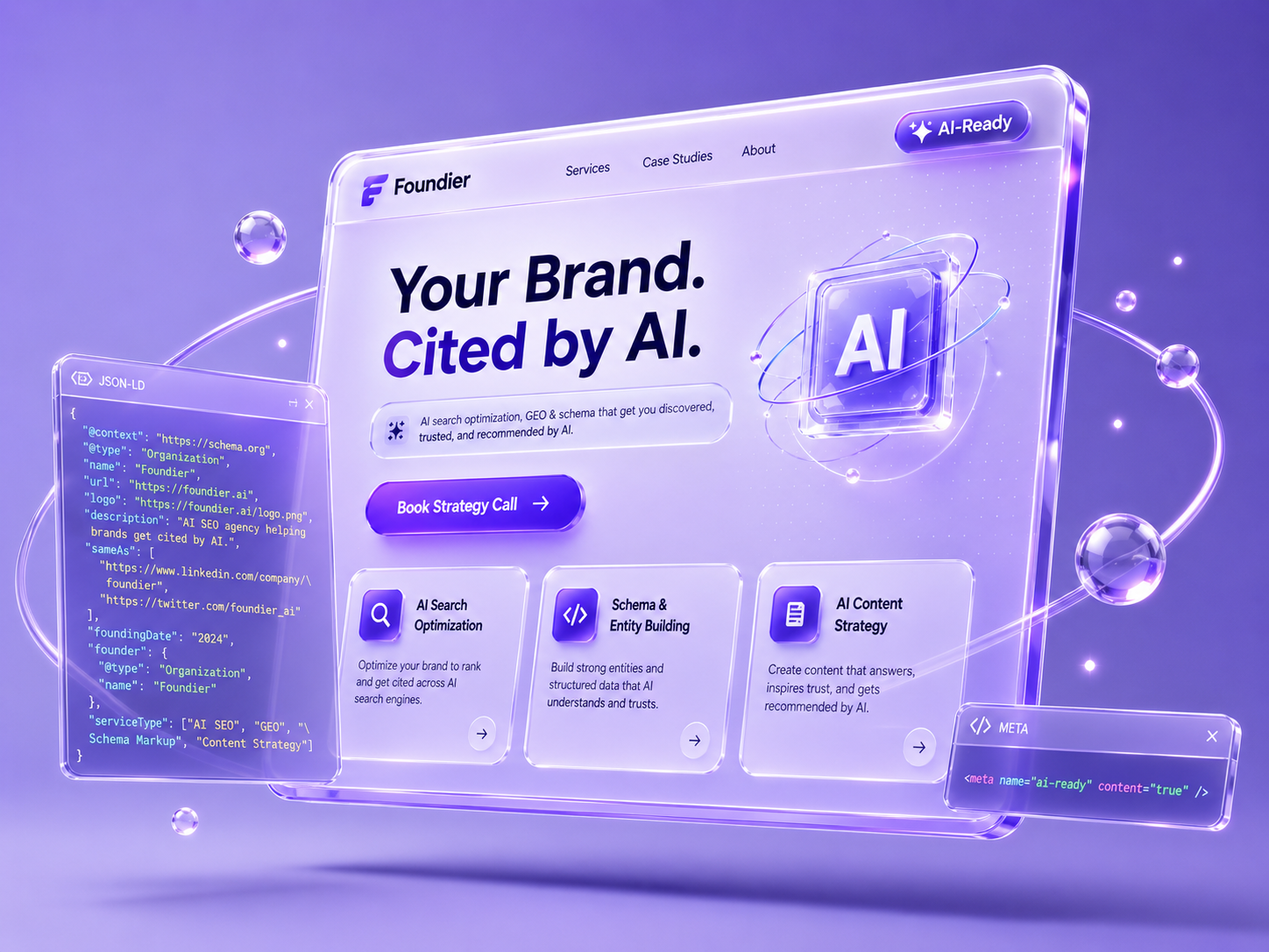 AI-Ready Website Design service by Foundier — premium custom website mockup built for AI citation, with schema markup and structured data visible.