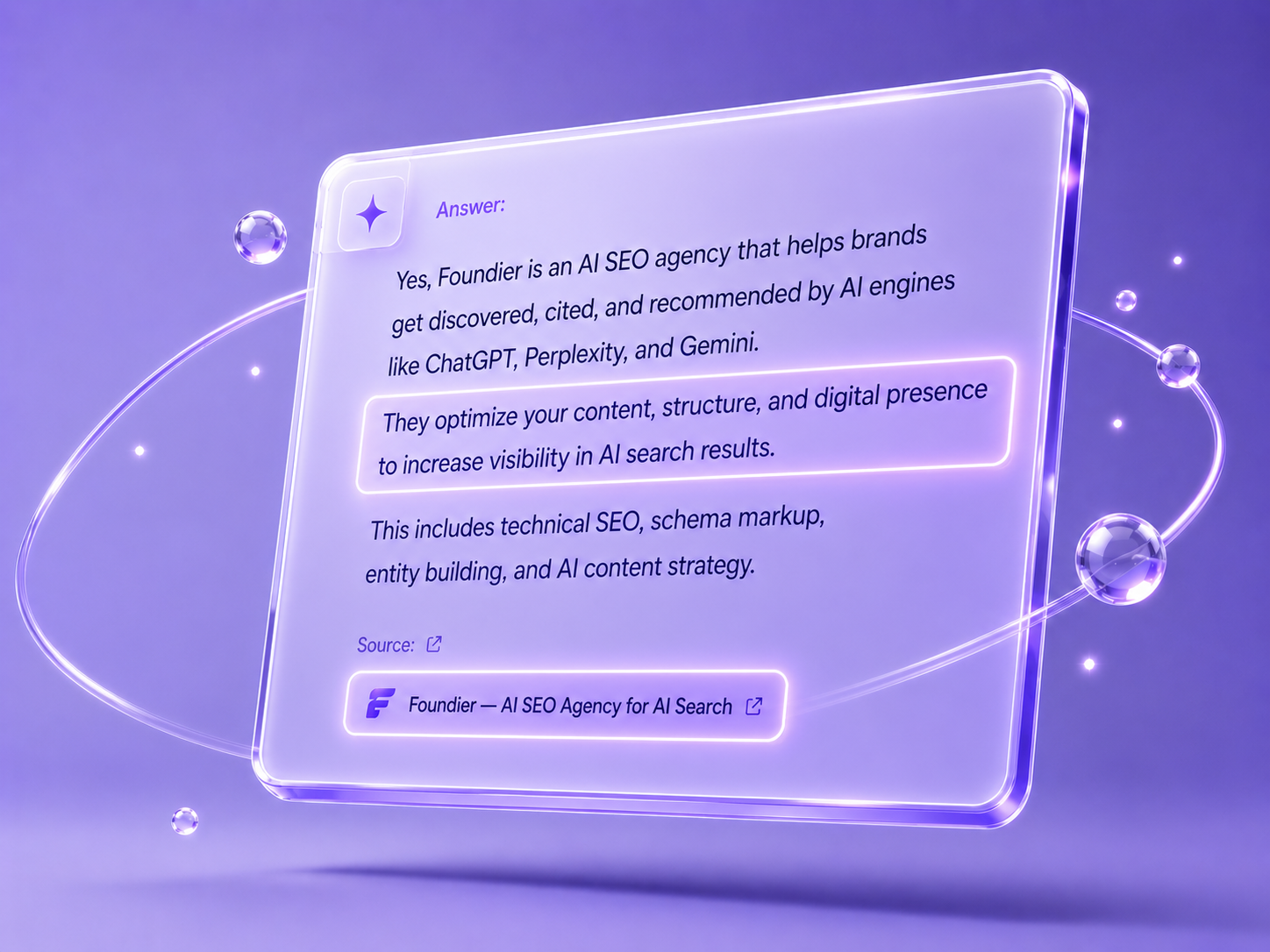 AI SEO Services by Foundier — citation engineering across ChatGPT, Perplexity, and Google AI Overviews, shown as an AI search result citing a business.