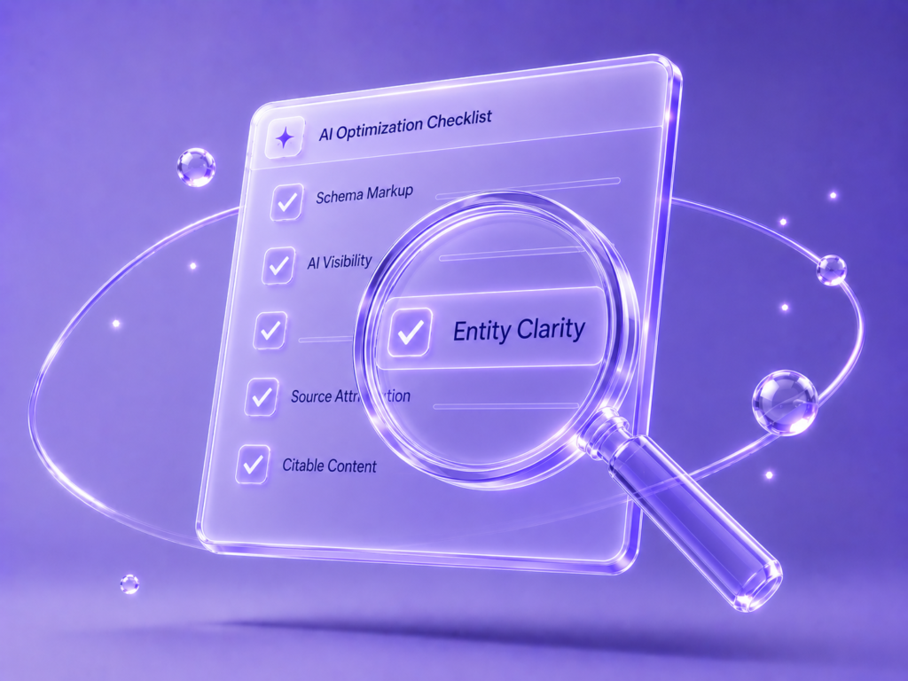 AI Visibility Audit by Foundier — 5-day diagnostic showing 30 prompts tested across 4 AI engines, illustrated as a magnifying glass examining a checklist.