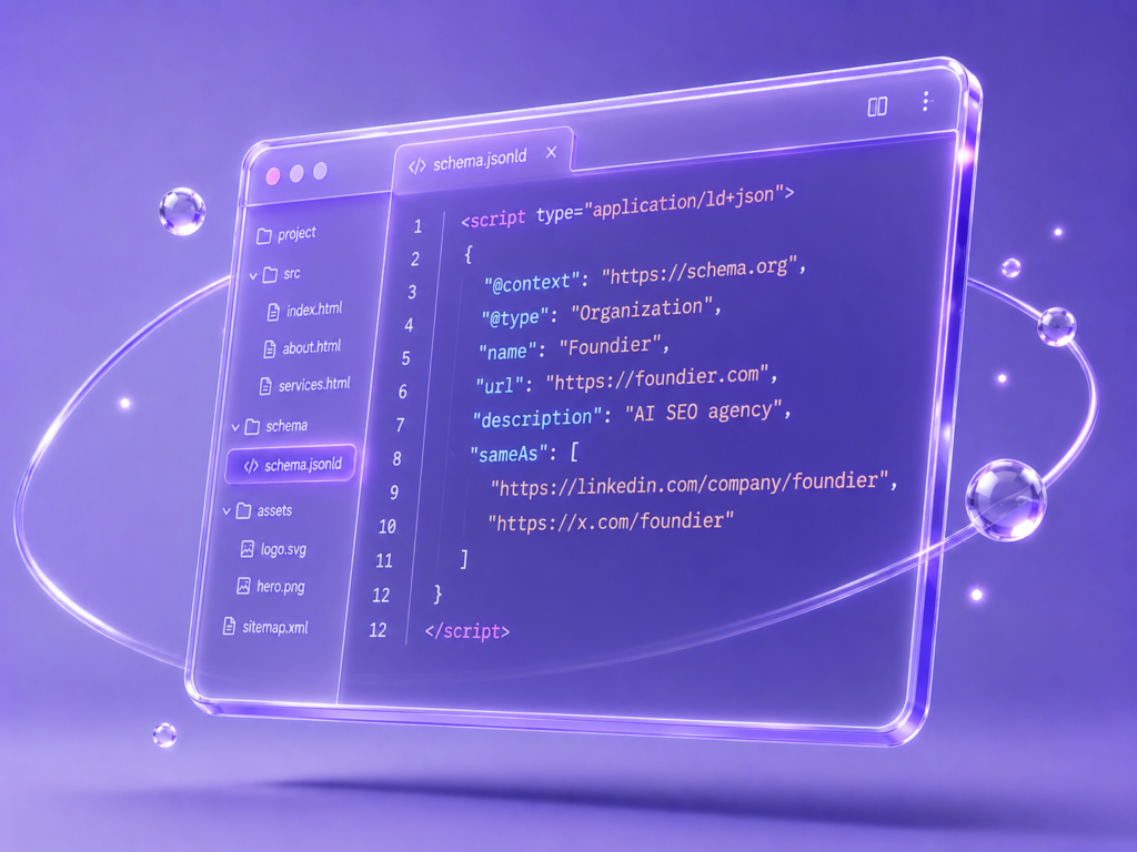 Technical SEO and Schema Markup by Foundier — JSON-LD structured data code shown in a glass-morphism code editor, the technical foundation AI engines need to parse and cite your site.