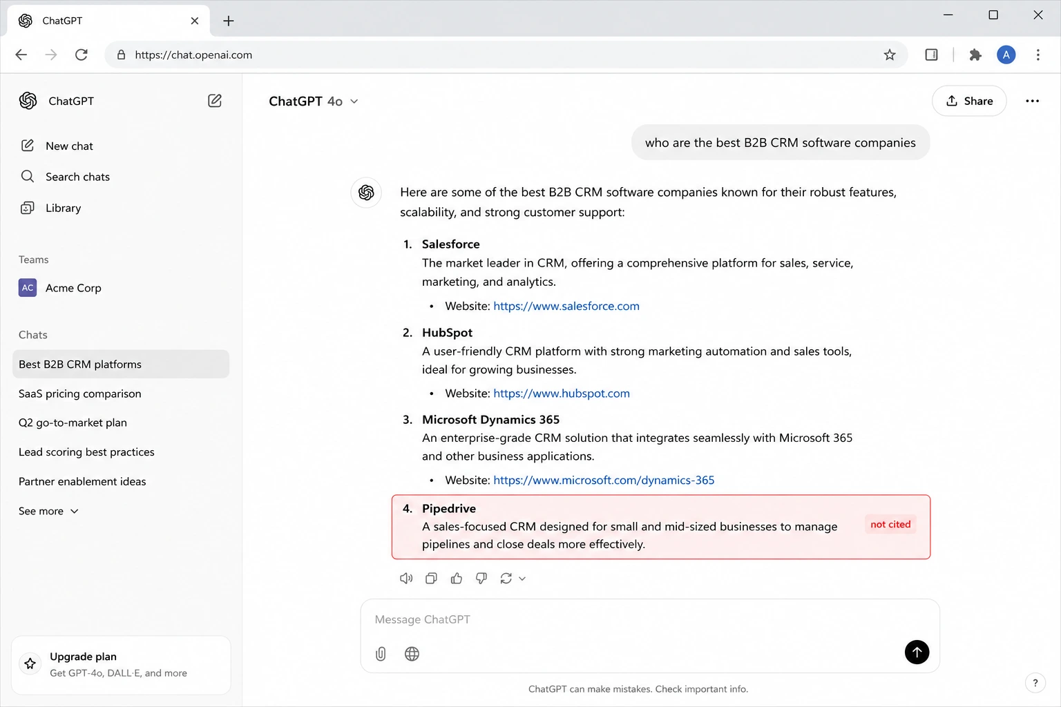 Example AI prompt test showing how an AI engine answers a customer query and whether the business is cited