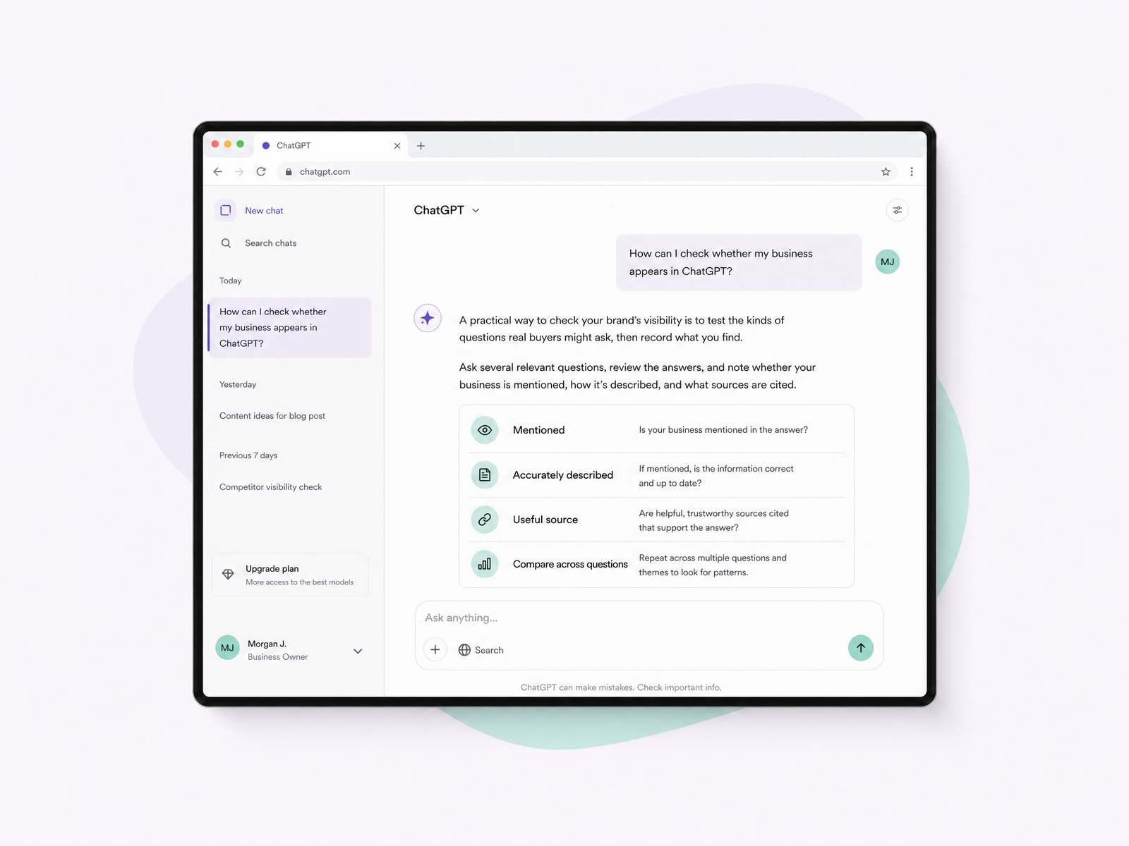 Compact realistic ChatGPT-style screen mockup showing how to check whether a business appears, is accurately described, and has useful sources
